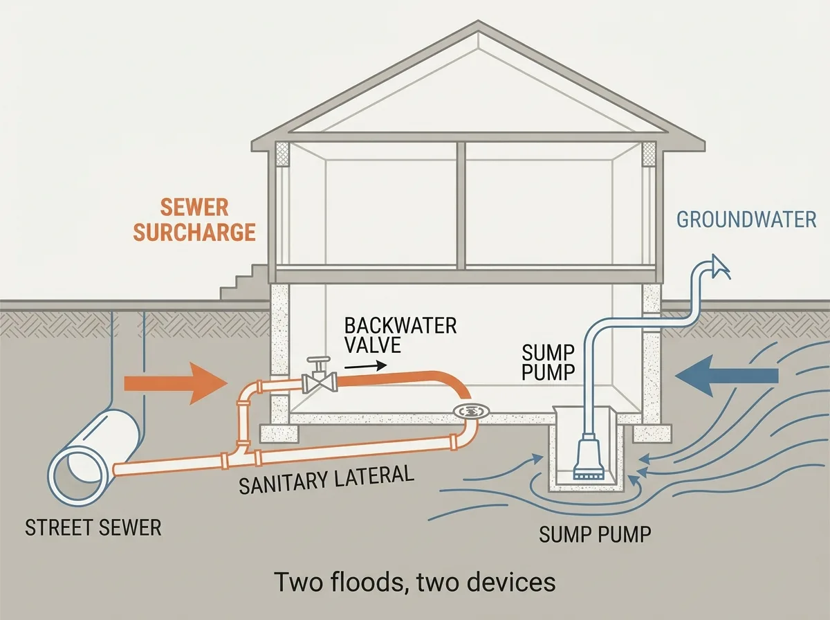 Flat vector diagram of a house in section showing two separate water entry routes, one route drawn as sewage backing up the sanitary lateral from the street toward a basement floor drain with a backwater valve marked on that pipe, the other route drawn as groundwater passing through the foundation wall and under the slab toward a sump pit, with each route labelled