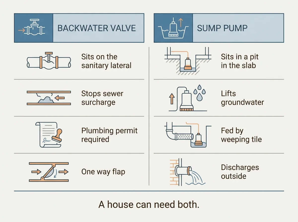 Flat vector comparison chart with two labelled columns, the left column headed backwater valve listing sanitary lateral, sewer surcharge, plumbing permit required and one way flap, the right column headed sump pump listing weeping tile, groundwater, sump pit and basin and discharge to exterior, with a short line beneath noting that a house may need both