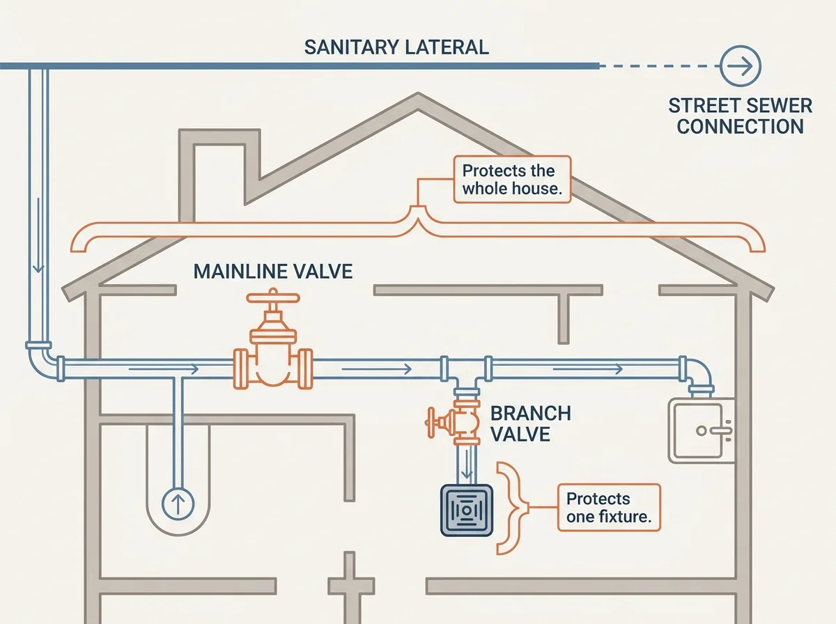 Flat vector plan diagram of a basement drainage layout with the sanitary lateral running out to the street, one valve drawn on the main lateral labelled mainline valve with a bracket showing it protects the whole house, and a second smaller valve drawn on a single branch to a floor drain labelled branch valve with a bracket showing it protects one fixture