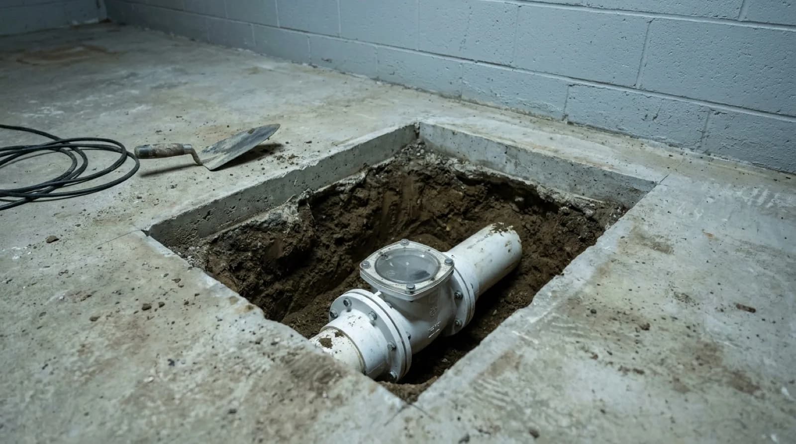 A saw cut opening in a grey concrete basement floor with the soil excavated beneath it, exposing a horizontal white plastic sewer lateral pipe with a clear inspection cover set into the top of a valve body, the cut edges of the slab clean and square