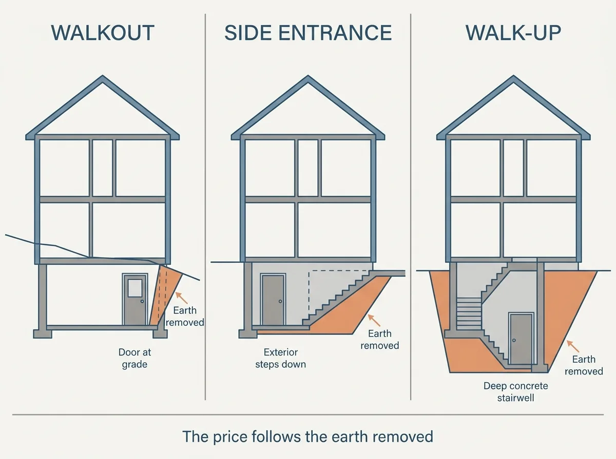 Flat vector diagram showing three house sections side by side, the first labelled walkout with a door at grade where the rear yard slopes away, the second labelled side entrance with a door cut through the foundation wall and exterior steps down to it, the third labelled walk-up with a deep concrete stairwell excavated into the yard, each panel shaded to show how much earth is removed