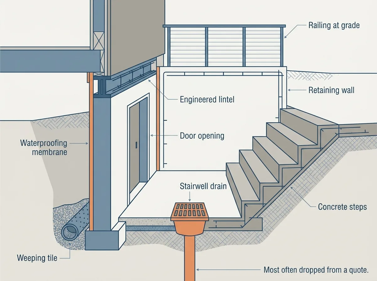 Flat vector cutaway of an excavated basement stairwell entrance with thin leader lines labelling each element, retaining wall, engineered lintel over the opening, door in the foundation wall, waterproofing membrane on the cut, weeping tile at the base, stairwell drain, concrete steps and railing at grade