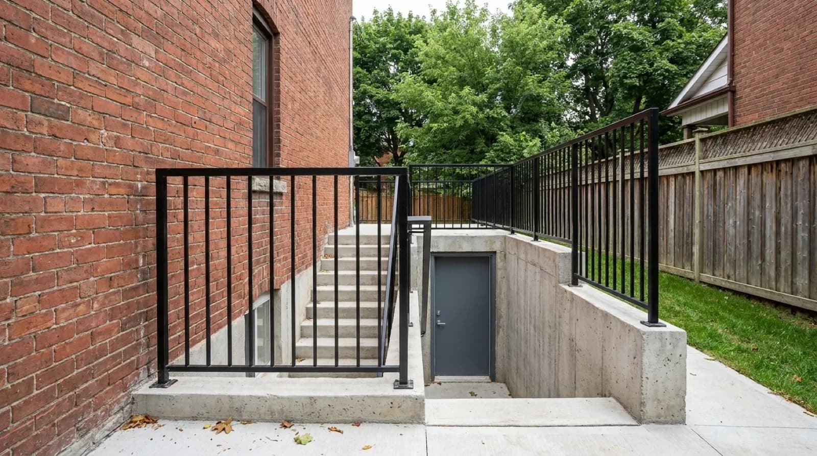A concrete stairwell excavated beside the brick side wall of a Toronto semi detached house, black steel railings around the opening at grade, poured concrete steps leading down to a door set into the foundation wall, a narrow strip of lawn alongside