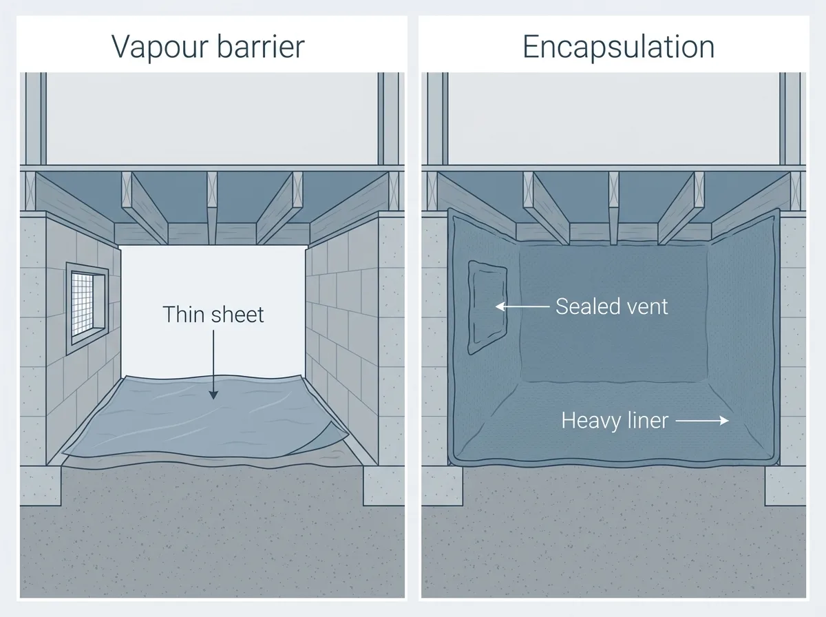 Side-by-side cross-sections of two crawl spaces under floor joists. The left, labelled vapour barrier, has a thin sheet on the ground and an open vent. The right, labelled encapsulation, has a heavy liner on the floor and walls and a sealed vent.