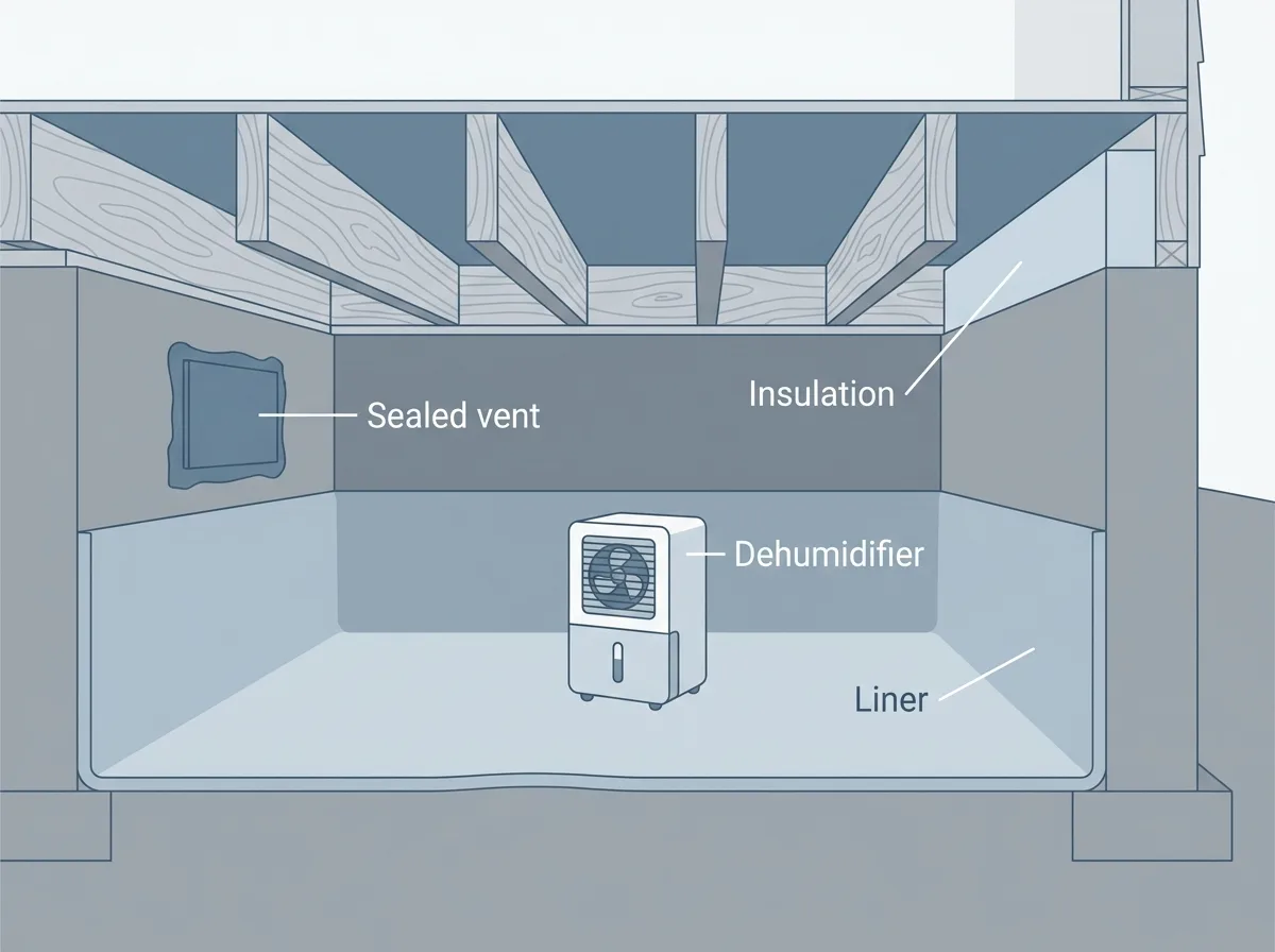 Cross-section of an encapsulated crawl space showing a liner on the floor and walls, a sealed vent, insulation at the rim joist, and a dehumidifier on the liner.