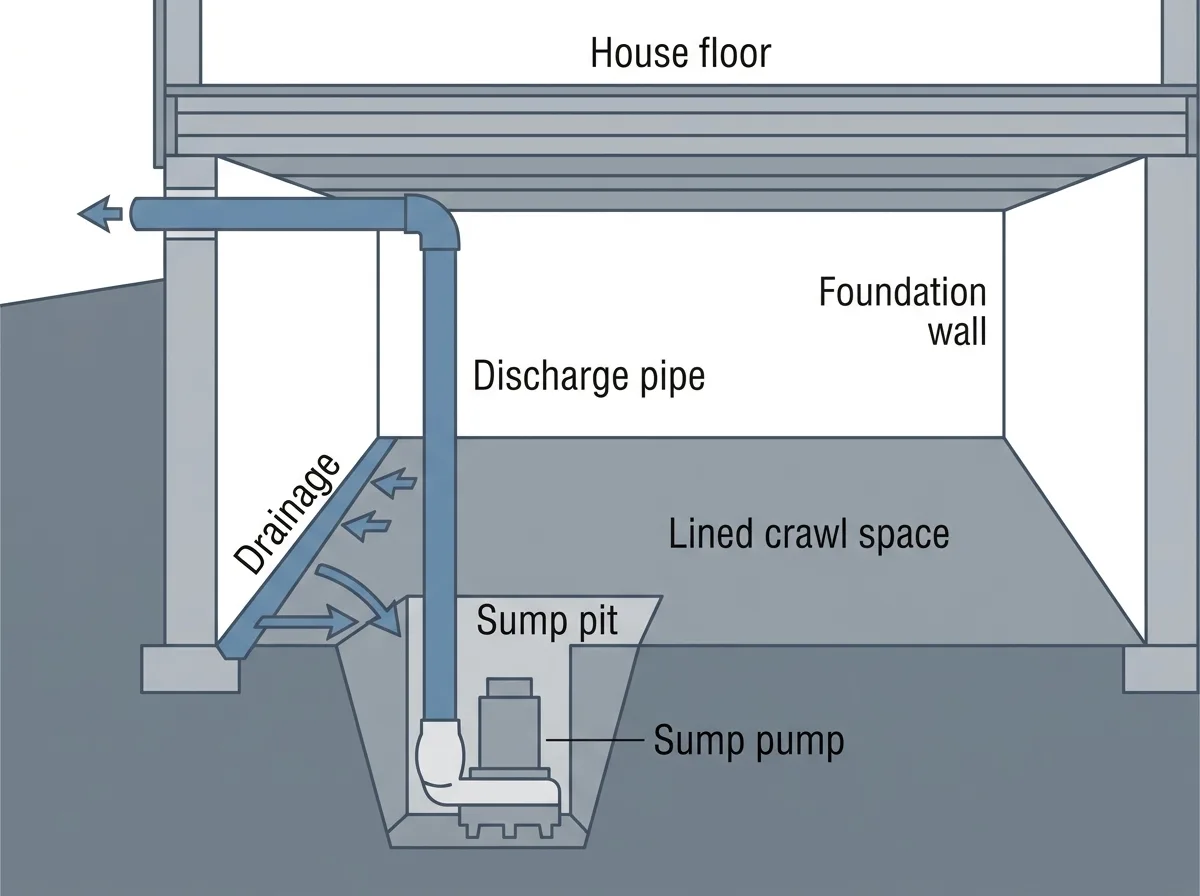 Cross-section of a lined crawl space under a house floor. Arrows show water moving along a drainage channel at the wall into a sump pit, where a sump pump sends it up a discharge pipe and out of the house.