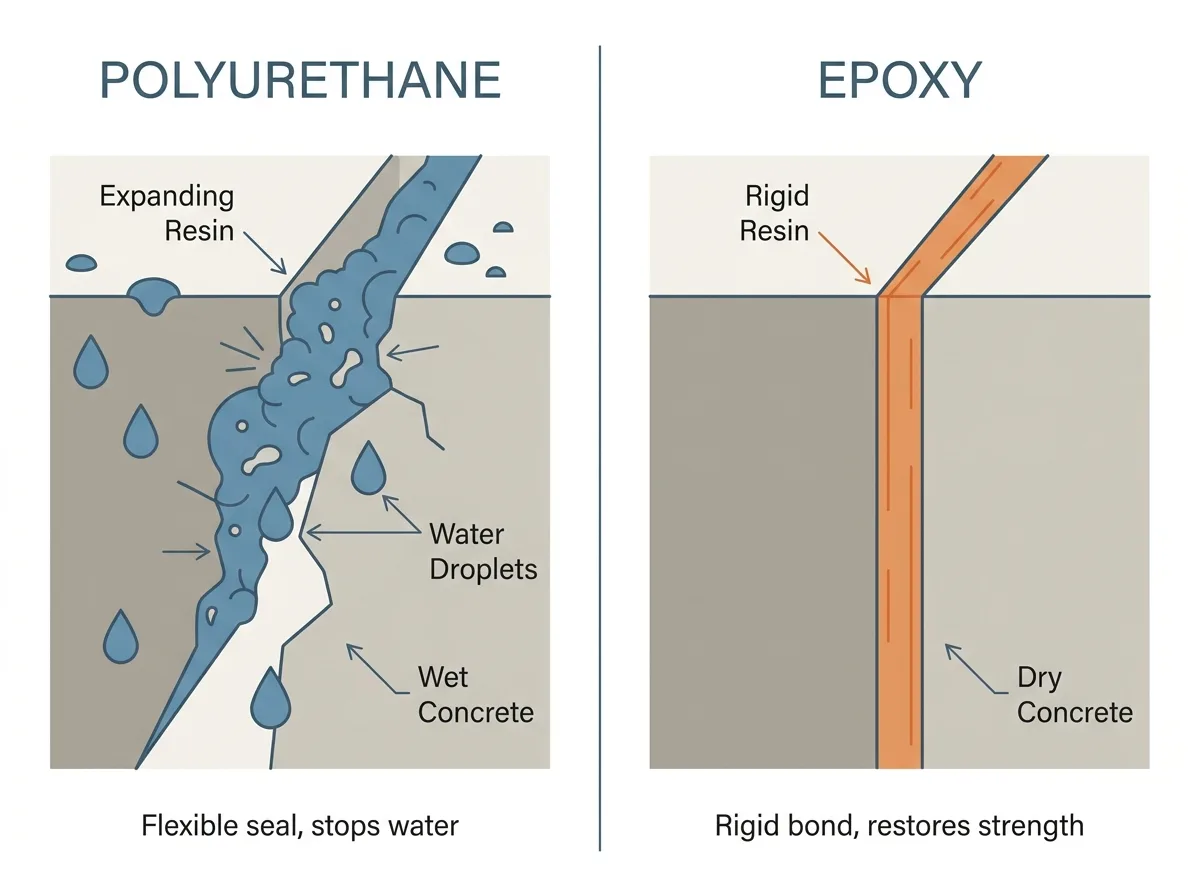Flat vector comparison diagram with two panels side by side, the left panel labelled polyurethane showing resin expanding to fill an irregular wet crack with a caption line reading flexible seal stops water, the right panel labelled epoxy showing rigid resin bonding both faces of a dry stable crack with a caption line reading rigid bond restores strength