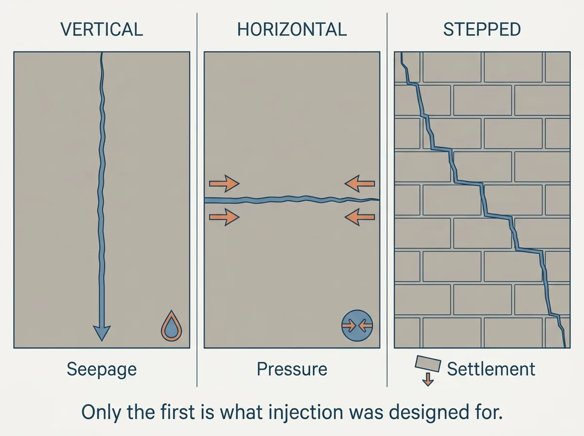 Flat vector diagram of three basement wall panels showing three crack patterns, the first a narrow vertical crack labelled seepage and injectable, the second a horizontal crack across the middle of the wall labelled pressure and movement, the third a stepped crack running through block joints labelled settlement, with a short label under each naming the class of repair it points to