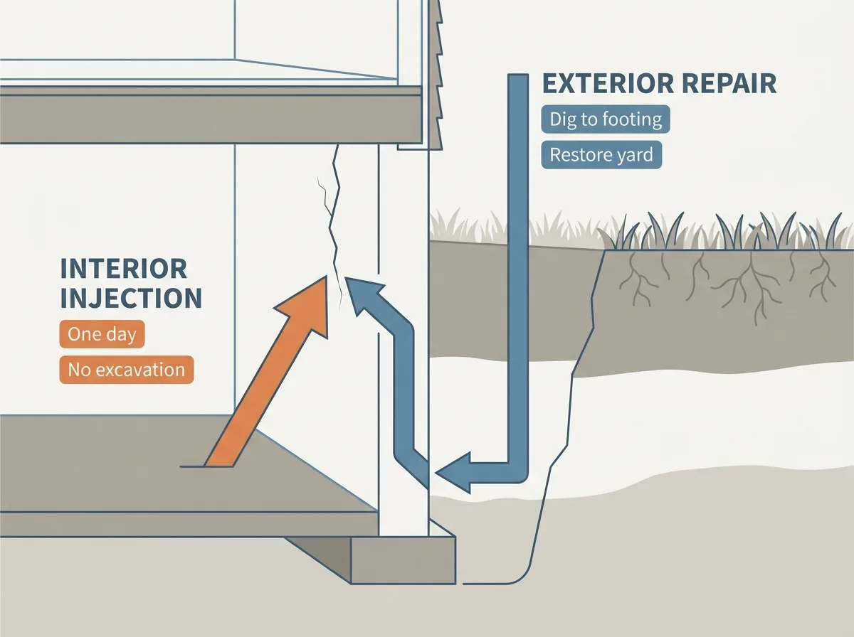 Flat vector diagram of a house foundation in section with two repair routes drawn to the same crack, one route arriving from inside the basement labelled interior injection with tags reading one day and no excavation, the other route arriving from outside through an excavated trench labelled exterior repair with tags reading dig to footing and restore yard