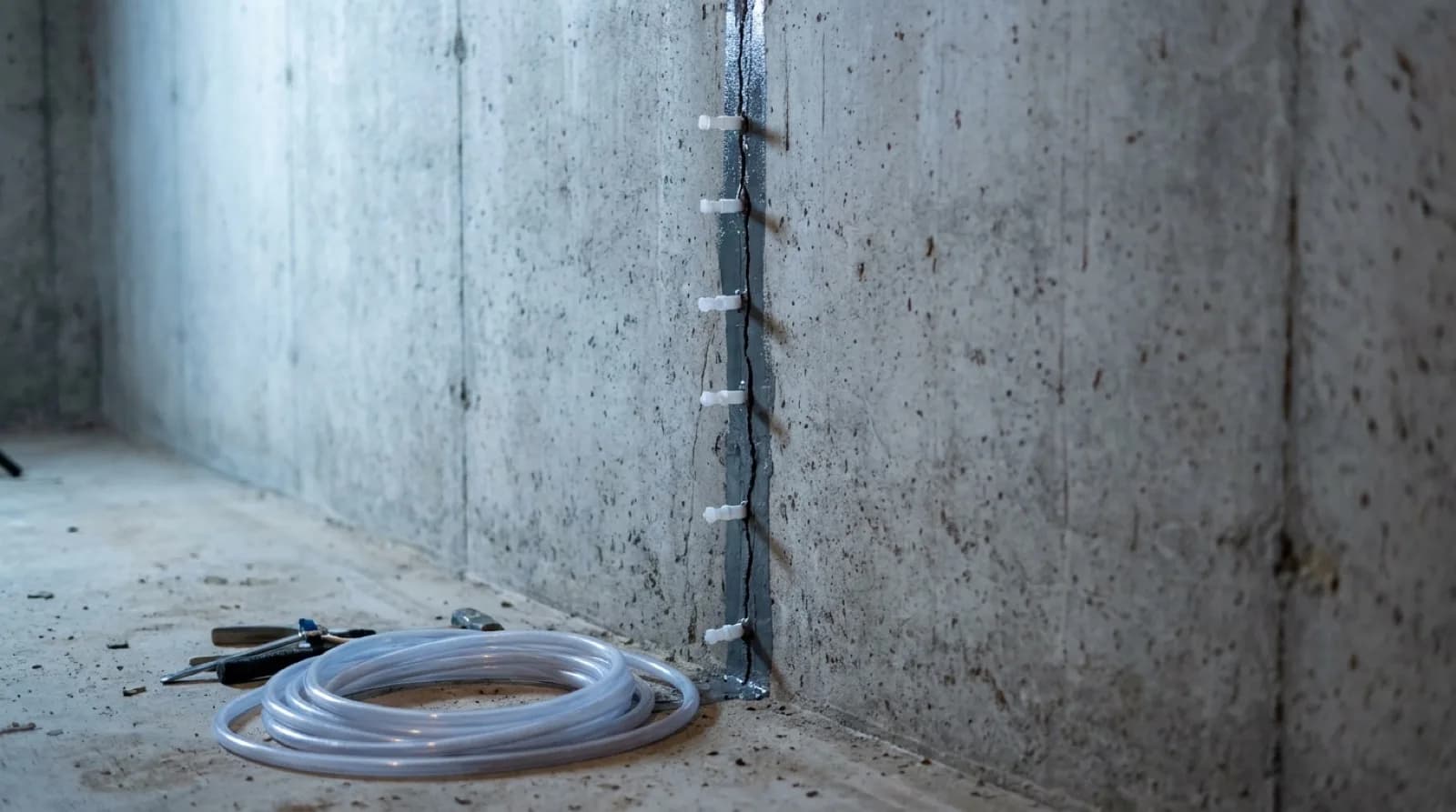 A close view of a grey poured concrete basement wall with a narrow vertical crack running down it, a row of small plastic injection ports fixed along the crack line and a dark surface seal covering the crack between them