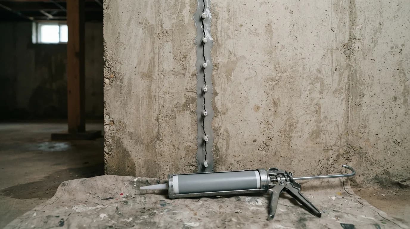 Close-up of an unfinished poured concrete basement wall with a thin vertical crack capped by a band of grey paste and a row of small white plastic injection ports, a caulking gun resting on a drop cloth below.