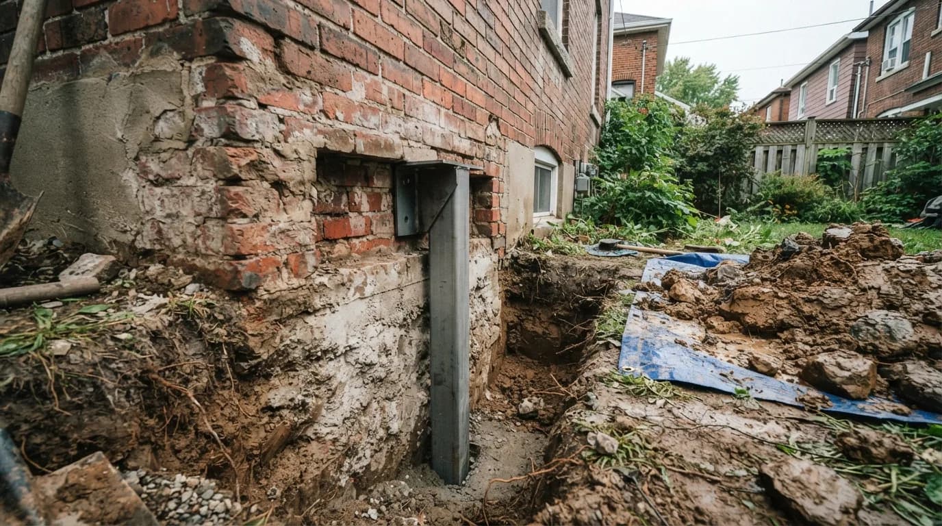 A narrow trench dug beside the brick foundation of an older house, with a steel pier shaft and bracket set against the concrete footing and clay soil piled on a tarp.