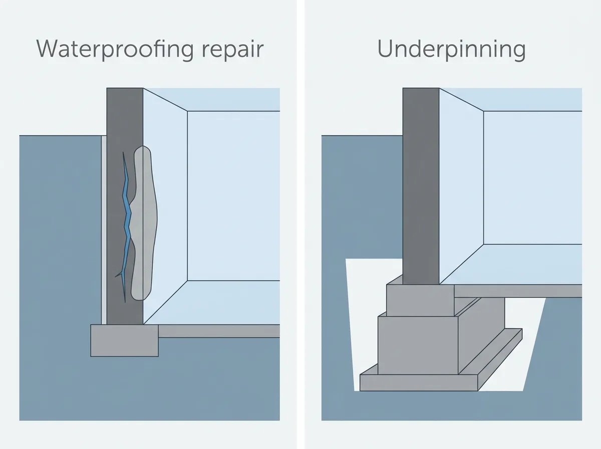 Two side-by-side cross sections of a basement wall. The left panel, labelled waterproofing repair, shows a wall crack patched from inside with the footing untouched. The right panel, labelled underpinning, shows a new concrete footing built beneath the old one.