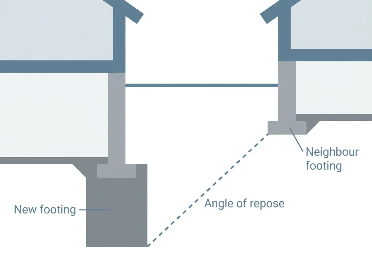 Cross section of two neighbouring houses. The left house has a new footing built deeper than the neighbour's footing, and a dashed line labelled angle of repose slopes down from the neighbour's footing toward the new footing.