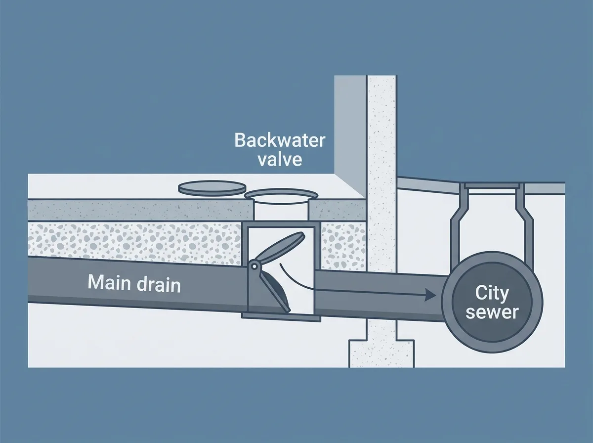 Cross section of a basement floor with the main drain running under the slab and out through the foundation wall to the city sewer, with a backwater valve and its flap on the drain line below an access opening in the floor.