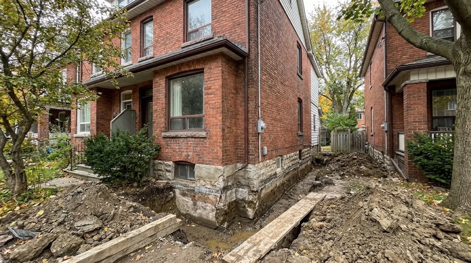 The side of an older red brick semi-detached house in Toronto with a trench dug along its stone foundation, heaps of clay soil and wooden planks beside the open trench, and a neighbouring brick house across a narrow side yard