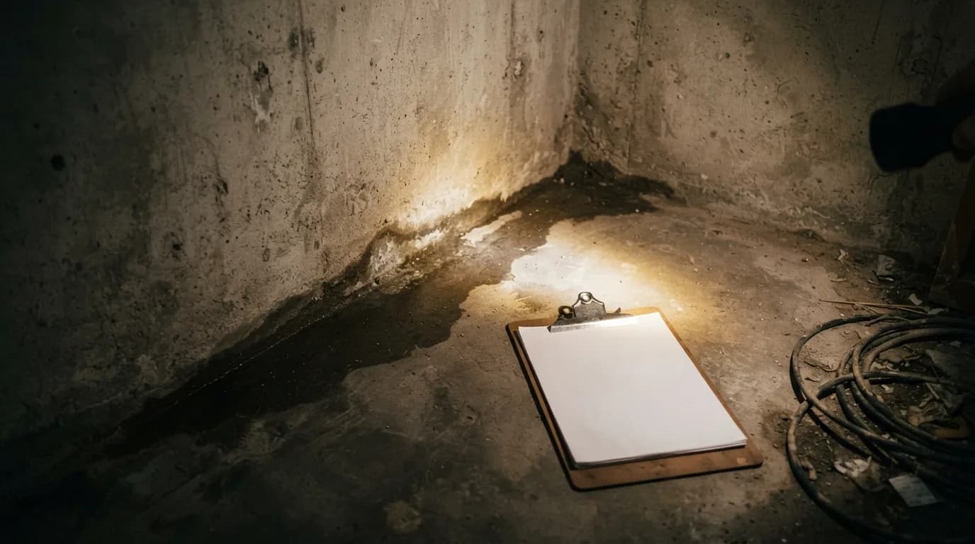 A flashlight beam picks out a damp line where the concrete floor meets the poured foundation wall in an unfinished basement, with a clipboard of blank paper on the floor nearby.