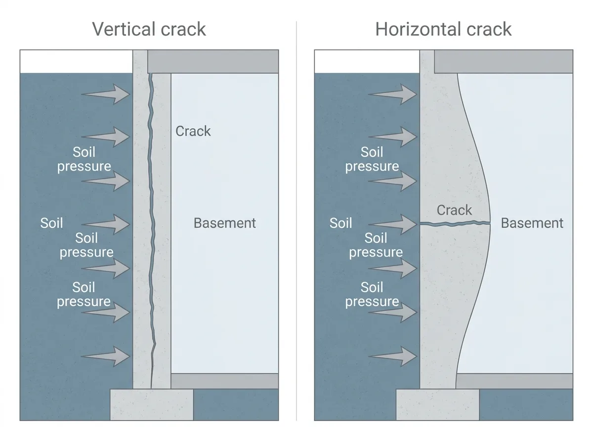 Two cross-sections of a basement wall, soil on the left and basement on the right, with soil pressure arrows on both. One wall stands straight with a top to bottom crack. The other has a level crack across its middle and bulges into the basement