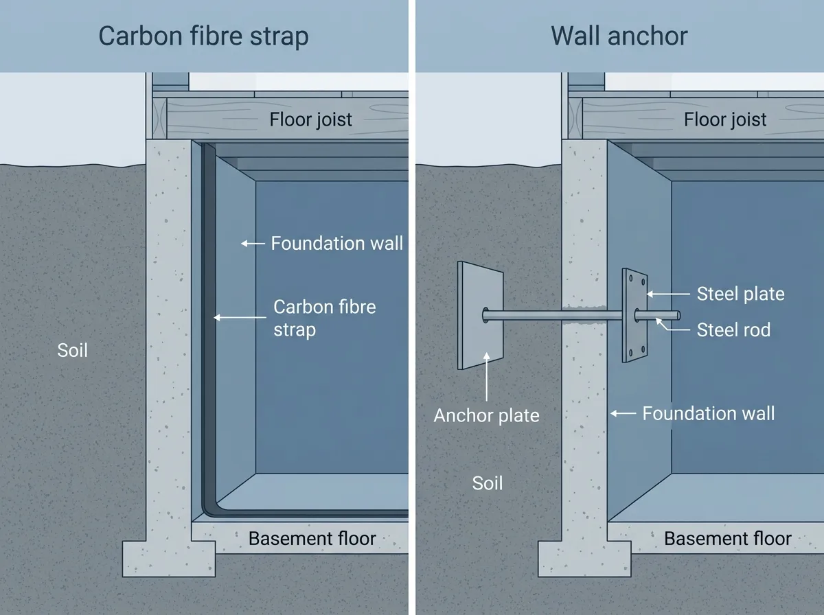 Two cross-sections of a basement wall. On the left, a carbon fibre strap runs up the inside face from the basement floor to the floor joist. On the right, a steel rod joins a plate inside the wall to an anchor plate buried in soil