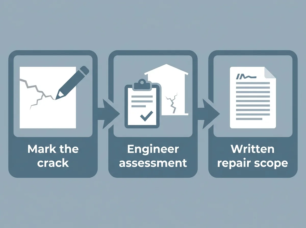 Three panels joined by arrows, reading left to right: a pencil marking a crack, labelled mark the crack, then a clipboard with a tick beside a cracked house outline, labelled engineer assessment, then a written page, labelled written repair scope