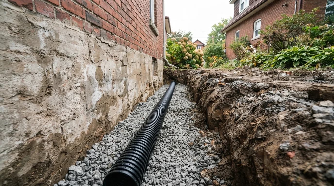 An open trench beside a concrete foundation wall, with a black perforated drain pipe resting on a bed of grey crushed stone at the bottom