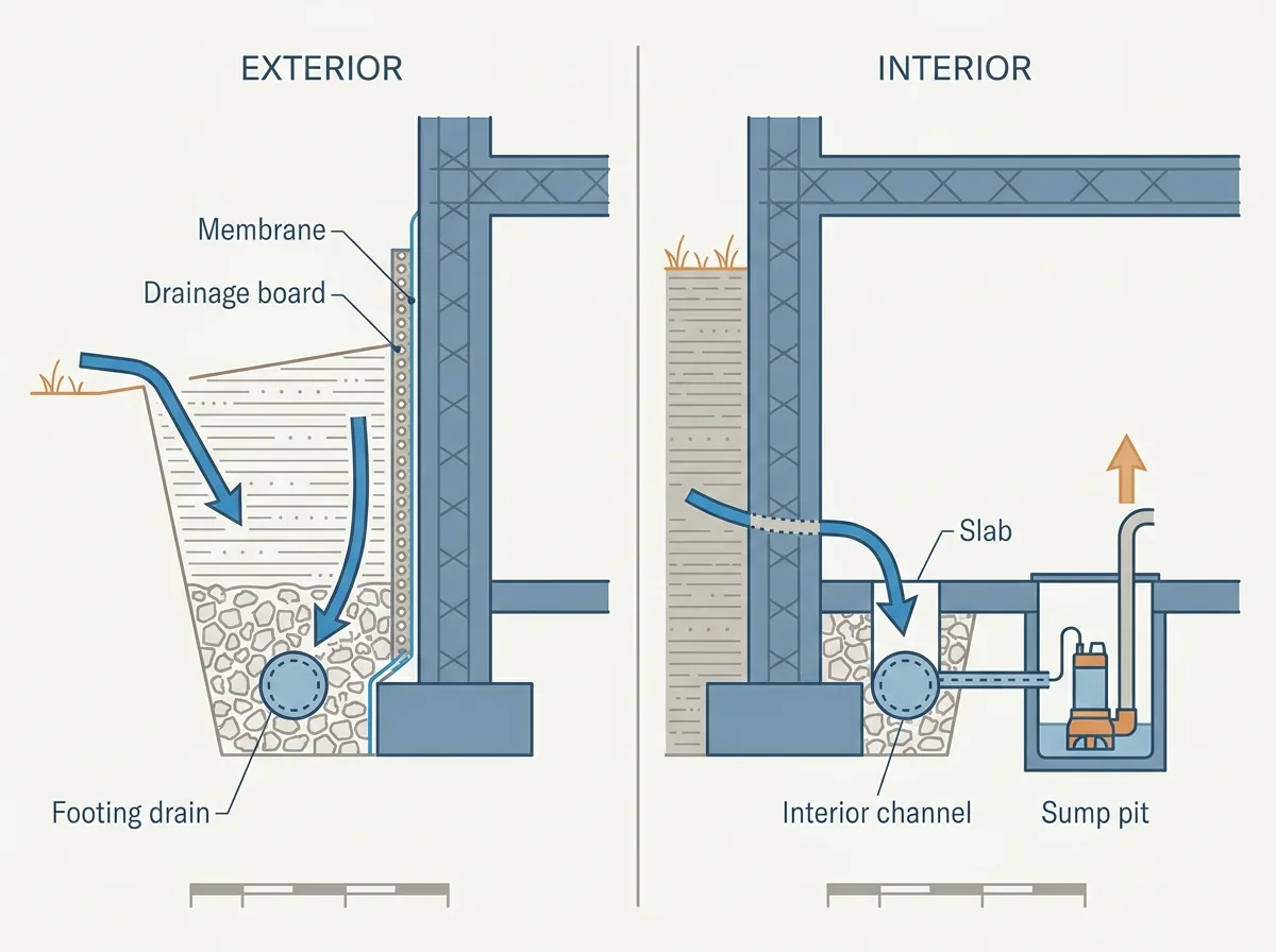 Flat vector cross-section of one basement wall showing both methods at once, the left half labelled exterior with an excavated trench, membrane, dimpled drainage board and footing drain outside the wall, the right half labelled interior with a channel cut inside the slab, drainage pipe and a sump pit, and an arrow on each side showing where the water is intercepted