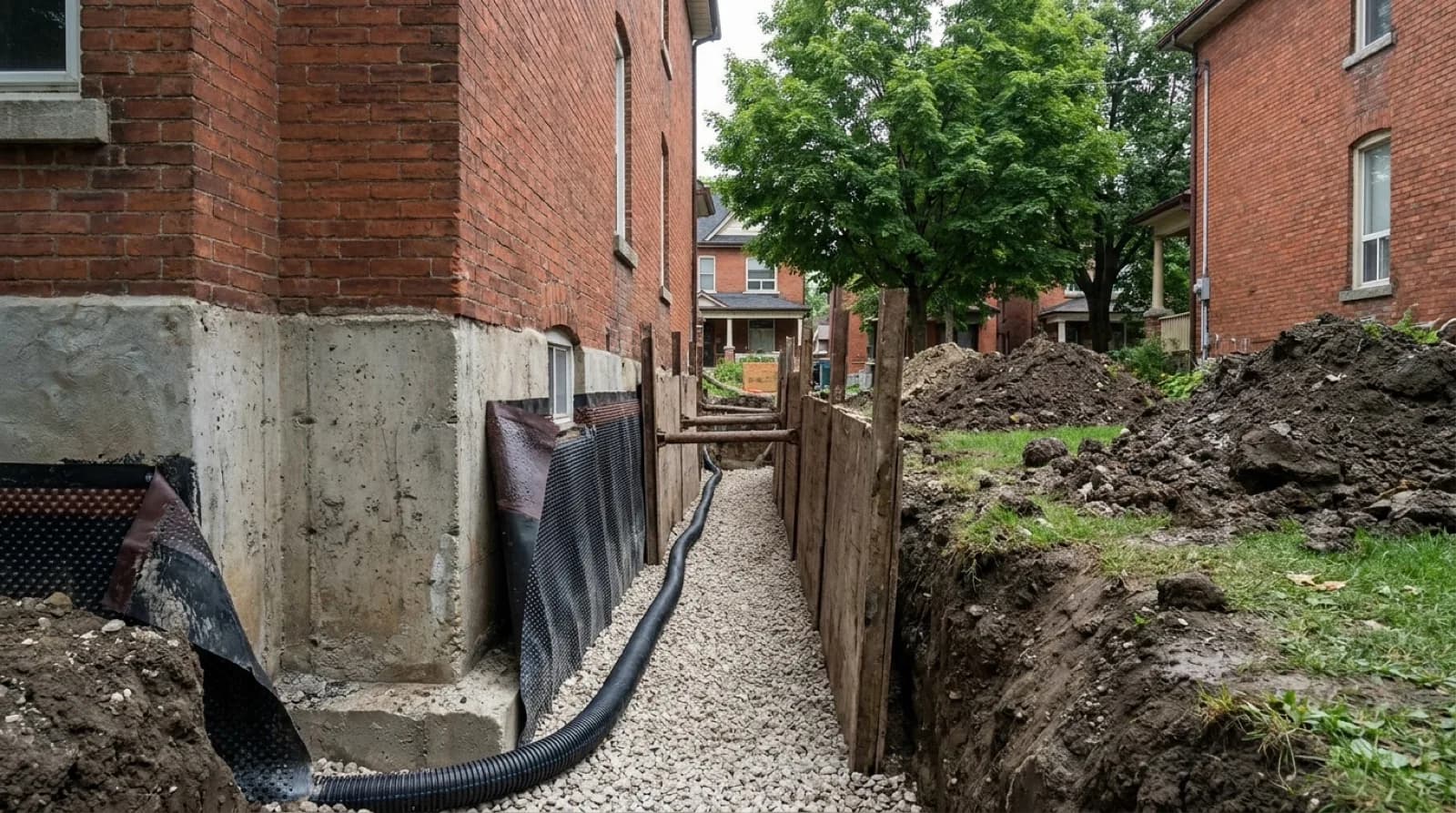 An open excavation trench running along the side wall of a brick two storey Toronto house, the poured concrete foundation exposed to the footing with a black dimpled drainage board fixed to it and clear stone in the base of the trench