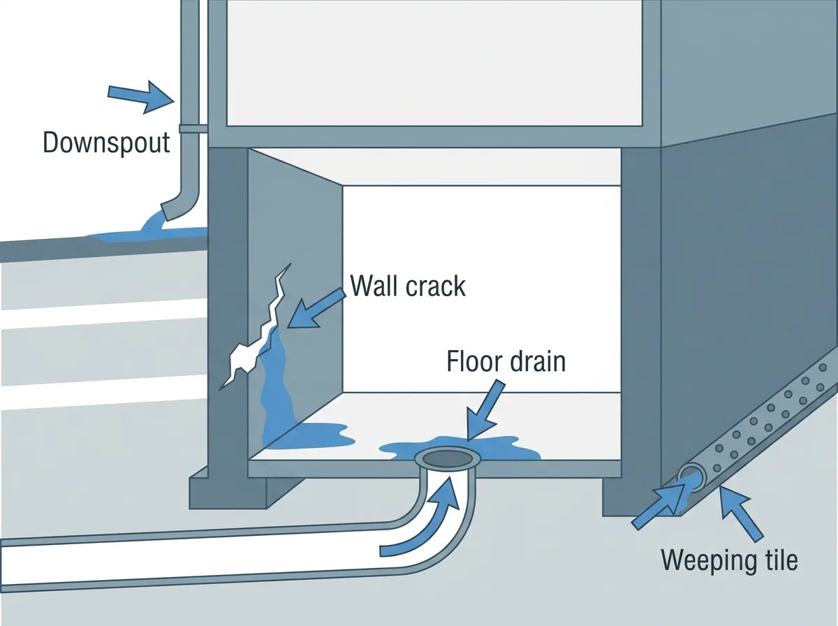 Cross-section of a house basement with arrows at four places a leak can start: a downspout emptying beside the wall, a crack in the foundation wall, a floor drain with water pushing up from the sewer pipe below, and the weeping tile pipe along the outside base.
