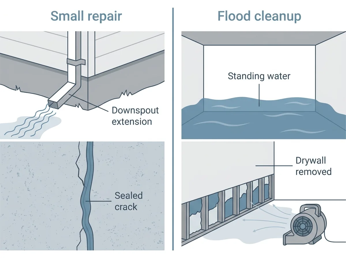 Two panels compared. The left panel, headed small repair, shows a downspout extension carrying rain away from a wall and a crack filled with sealant. The right panel, headed flood cleanup, shows standing water in a basement and a drying fan beside a wall with the lower drywall removed.