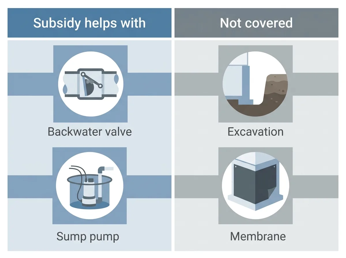 Two columns compared. The left column, headed subsidy helps with, shows icons for a backwater valve and a sump pump in its pit. The right column, headed not covered, shows icons for excavation beside a foundation wall and a waterproofing membrane on a wall.