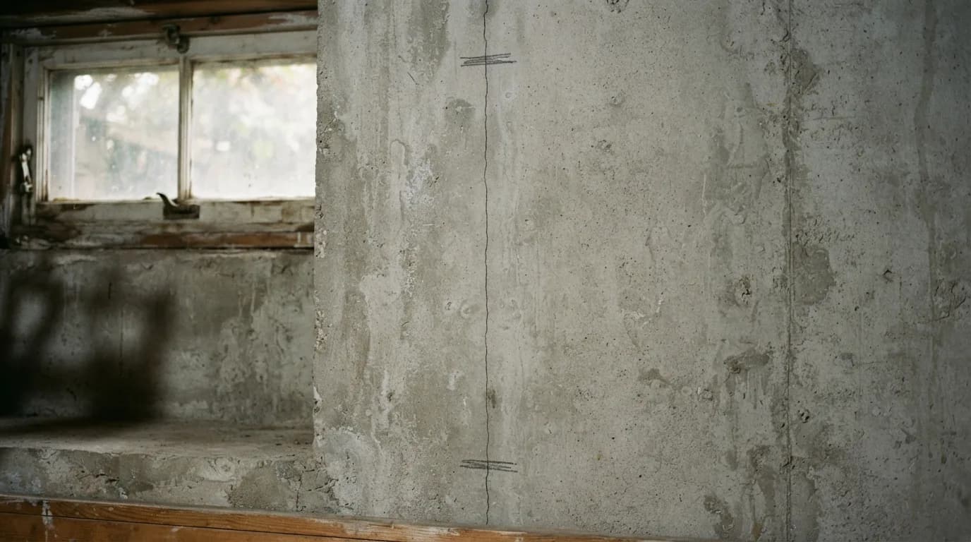 A thin vertical crack in an unfinished grey poured concrete basement wall, with short pencil marks across each end of the crack and soft light from a small basement window