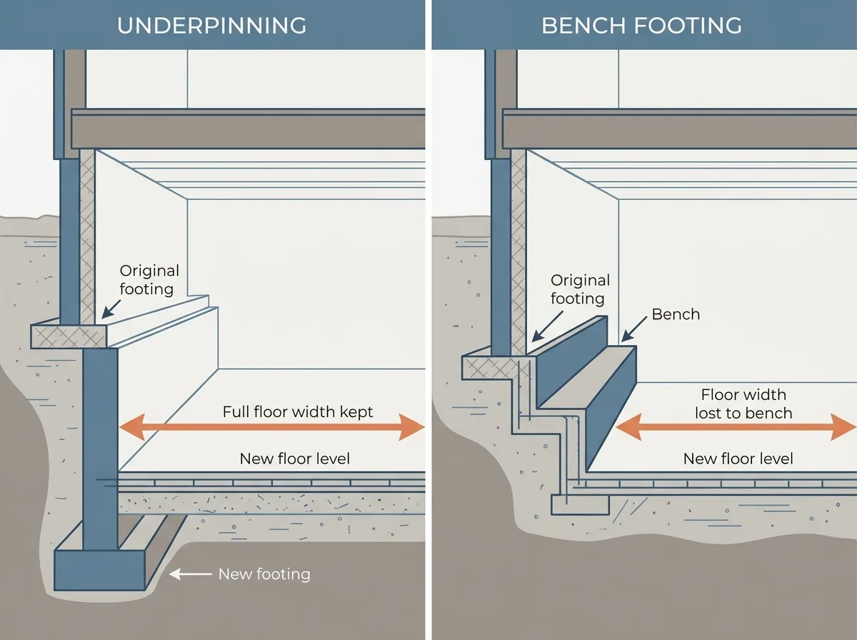 Flat vector cross-section comparison with two panels, the left labelled underpinning showing a new concrete footing poured beneath the original footing with the full floor width preserved, the right labelled bench footing showing the original footing left in place and a stepped concrete ledge built inward along the wall reducing the floor width