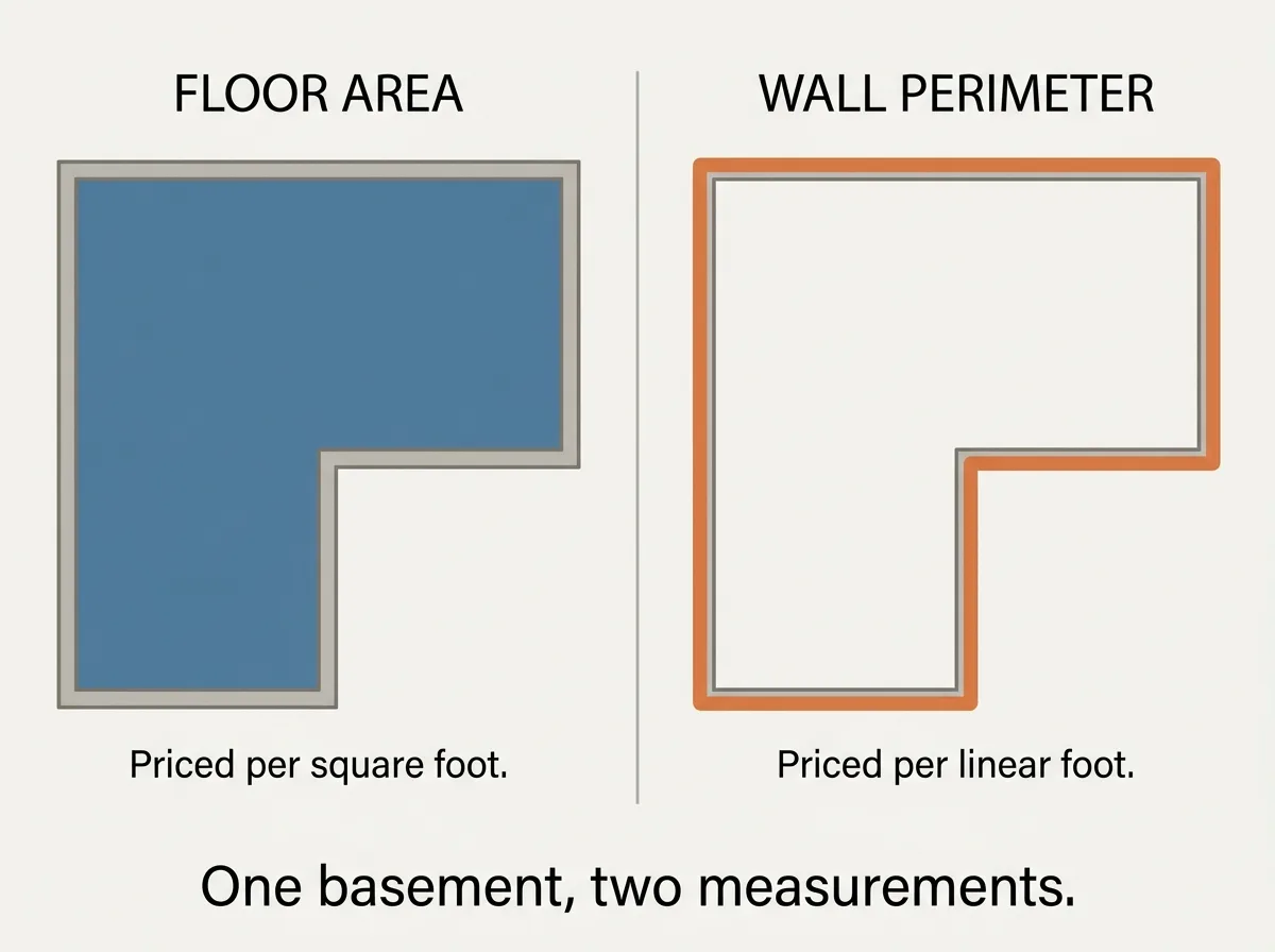 Flat vector diagram showing the same basement floor plan twice side by side, the left copy with its interior shaded and headed floor area, priced per square foot, the right copy with the same outline left unshaded and its wall line traced in a heavy orange stroke, headed wall perimeter, priced per linear foot