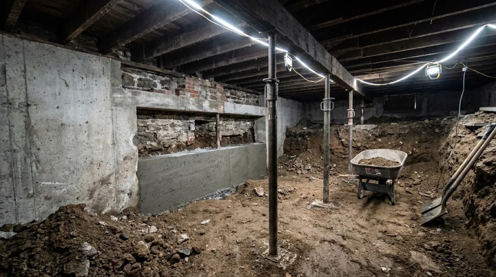 The interior of an unfinished Toronto basement mid excavation, the concrete floor removed to bare earth, the poured foundation wall exposed with a newly formed concrete section built beneath it, timber shoring posts holding the floor joists above