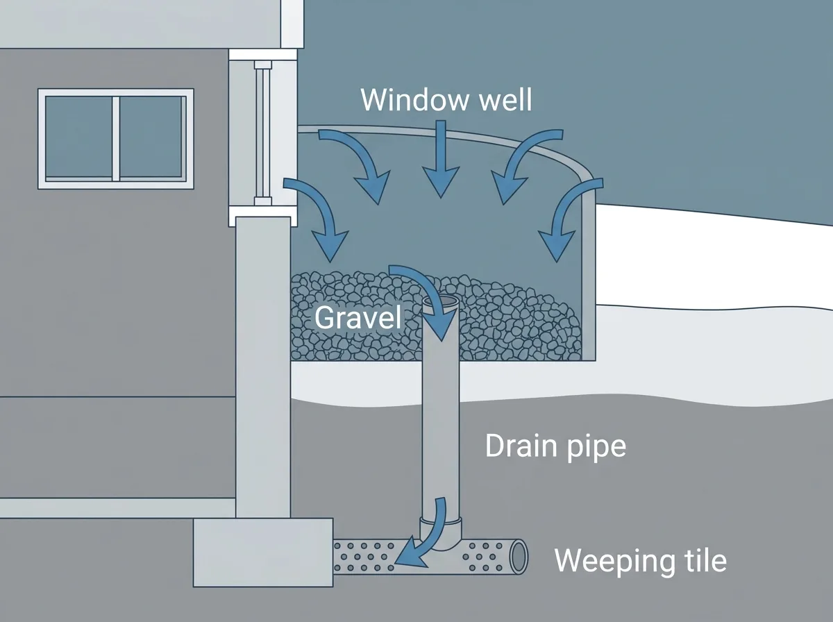 Cross-section diagram of a basement window well against a foundation wall, with a gravel base inside the well, a vertical drain pipe running down to a perforated weeping tile pipe beside the footing, and arrows showing water flowing down.
