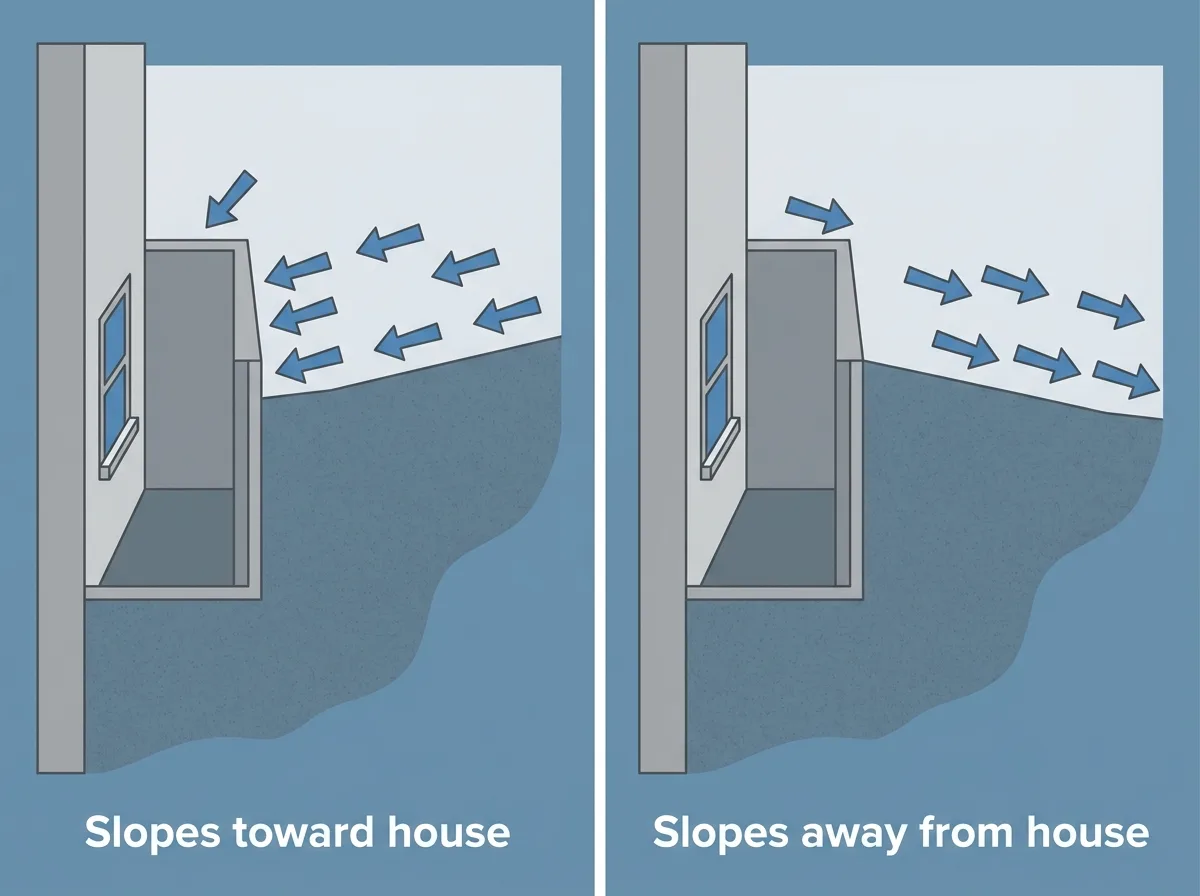 Two side-view diagram panels of a foundation wall with a basement window: on the left the ground slopes down toward the wall and arrows point toward the well, on the right it slopes away and arrows point away.