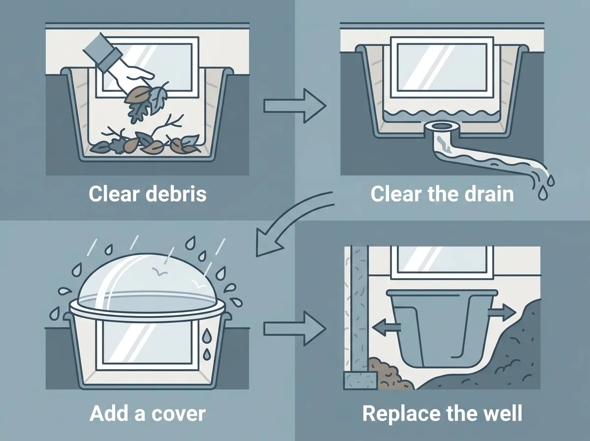 Four diagram panels joined by arrows: a hand lifting leaves out of a window well, water leaving a well through a drain pipe, a clear dome cover over a well, and a new well being set against a foundation wall.