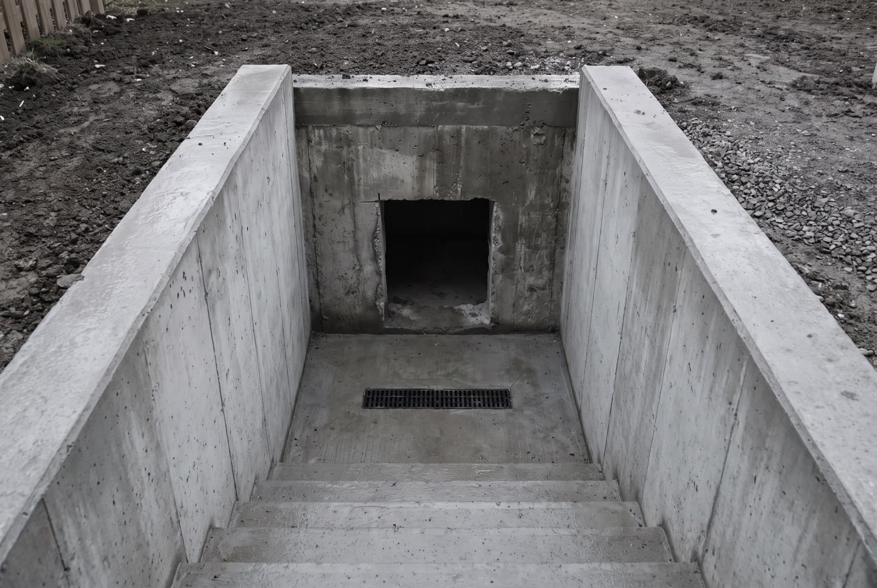 Illustration: a concrete stairwell excavated in a side yard, with poured concrete retaining walls on both sides, steps descending to a doorway cut through the foundation wall, and a drain grate set into the landing at the bottom.