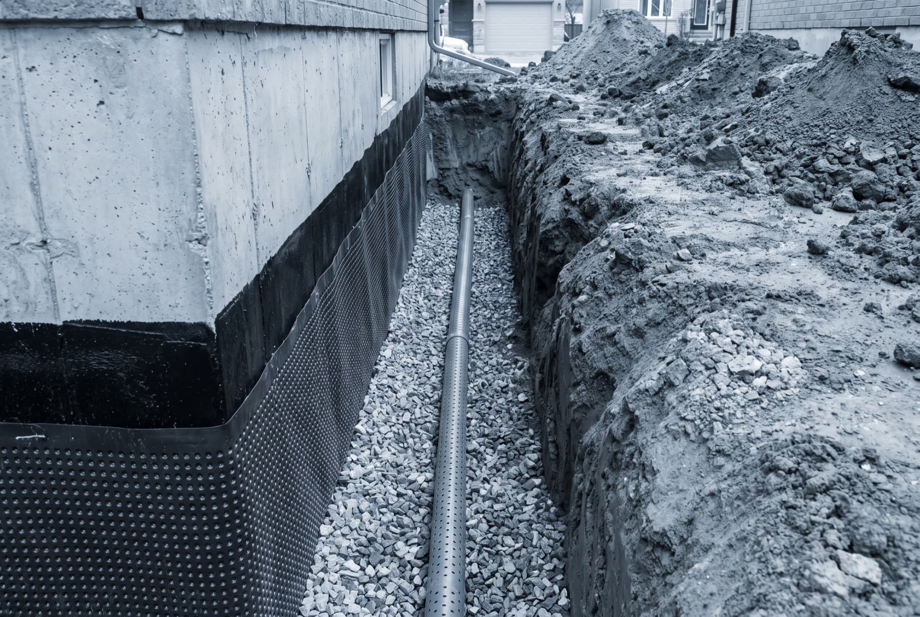 Illustration: an open trench dug along a house foundation down to the footing, the wall coated with black rubberized membrane and covered with dimpled drainage board, a perforated drain pipe sitting in clear stone at the bottom, excavated soil heaped on the far side.