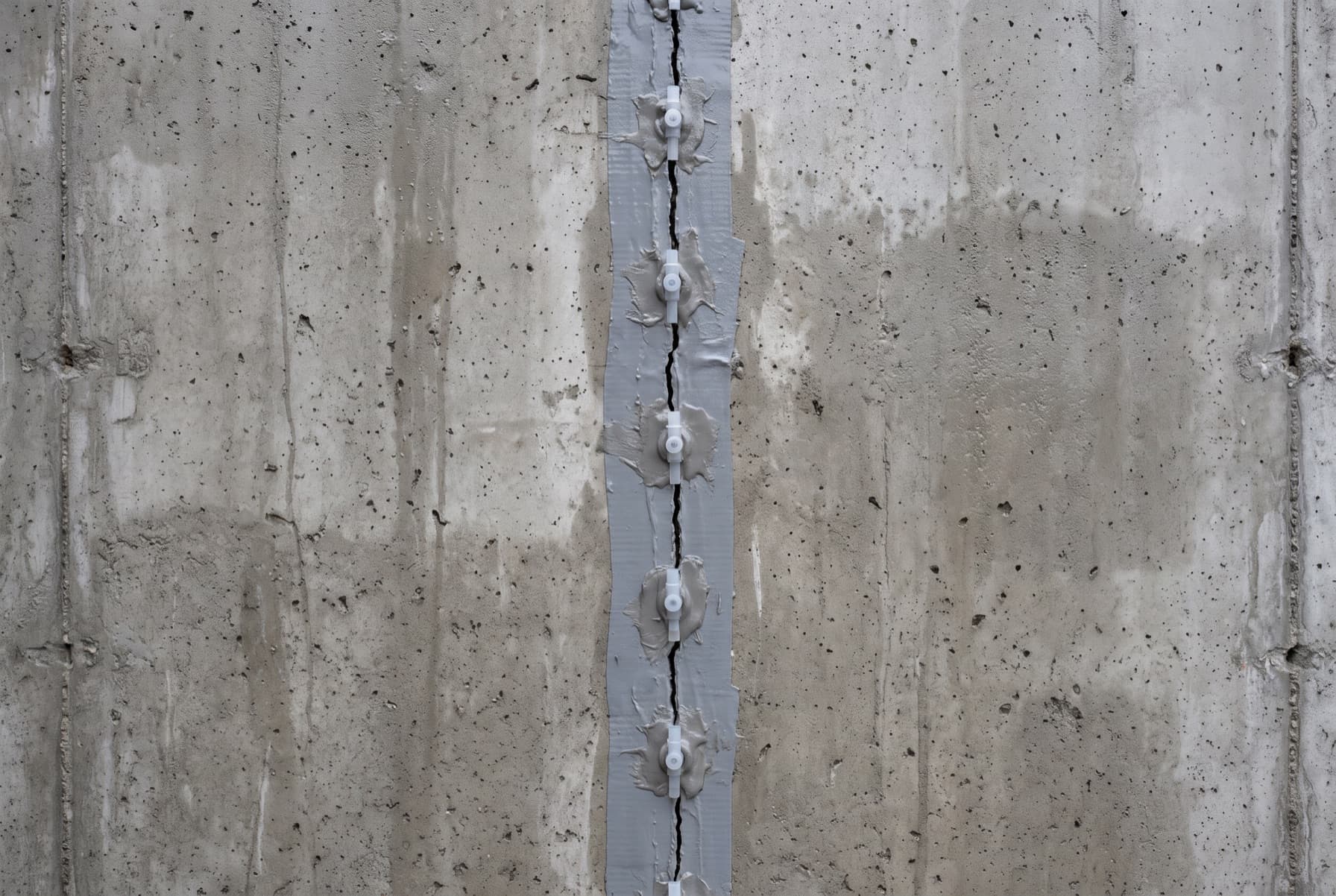 Illustration: a poured concrete foundation wall with one vertical crack running down it, a line of white plastic injection ports fixed along the crack and grey surface seal paste covering the crack line between them.