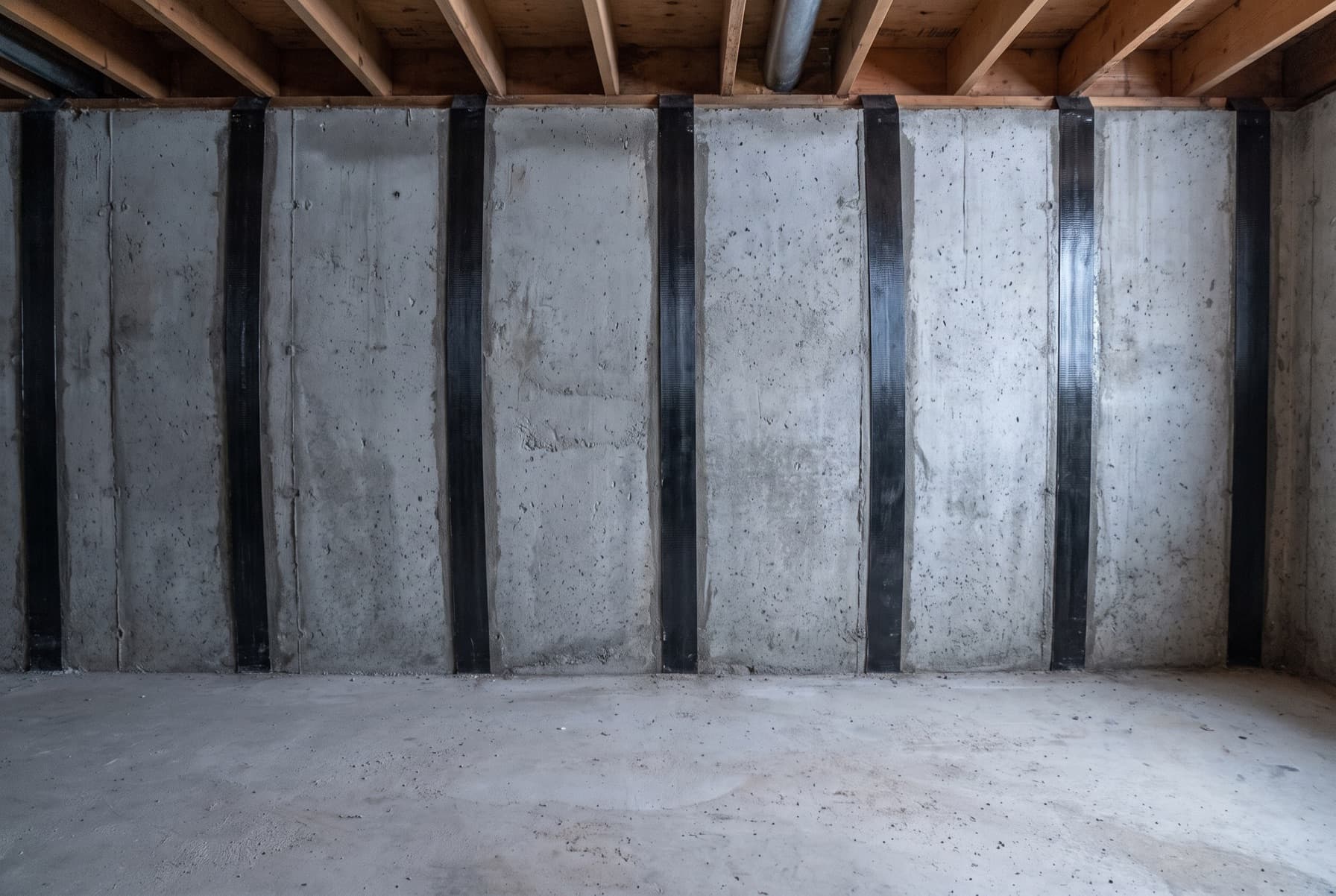 Illustration: the inside face of a poured concrete basement wall with wide black carbon fibre straps bonded vertically to it at even spacing, running from the floor slab up to the joists.