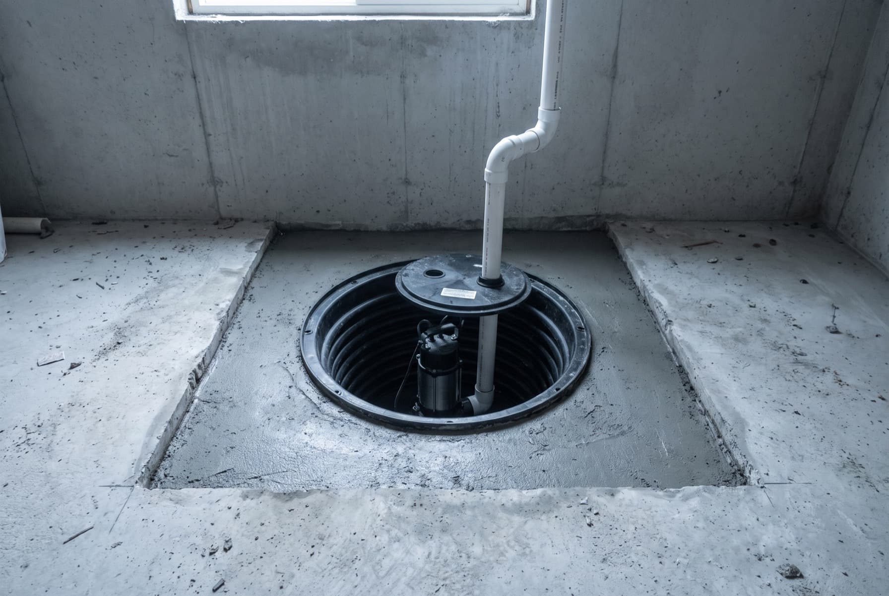Illustration: a sump pit set into a basement concrete floor with a submersible pump inside the basin and a white PVC discharge pipe rising from the lid and turning toward the wall, fresh concrete patched around the rim.