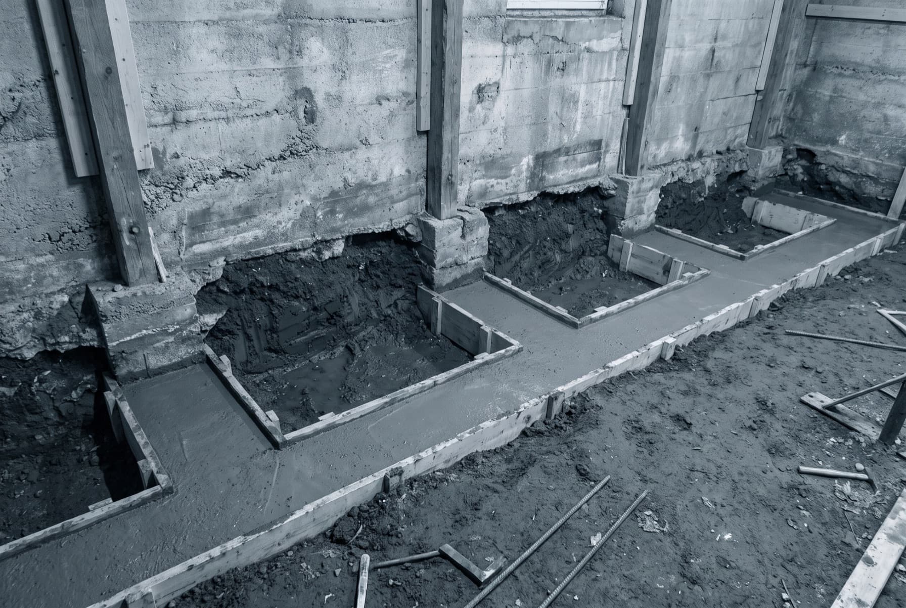 Illustration: a basement part way through underpinning, the floor removed, soil excavated below the original footing in alternating sections, and new concrete footings formed and poured beneath the old foundation wall with timber shoring in place.