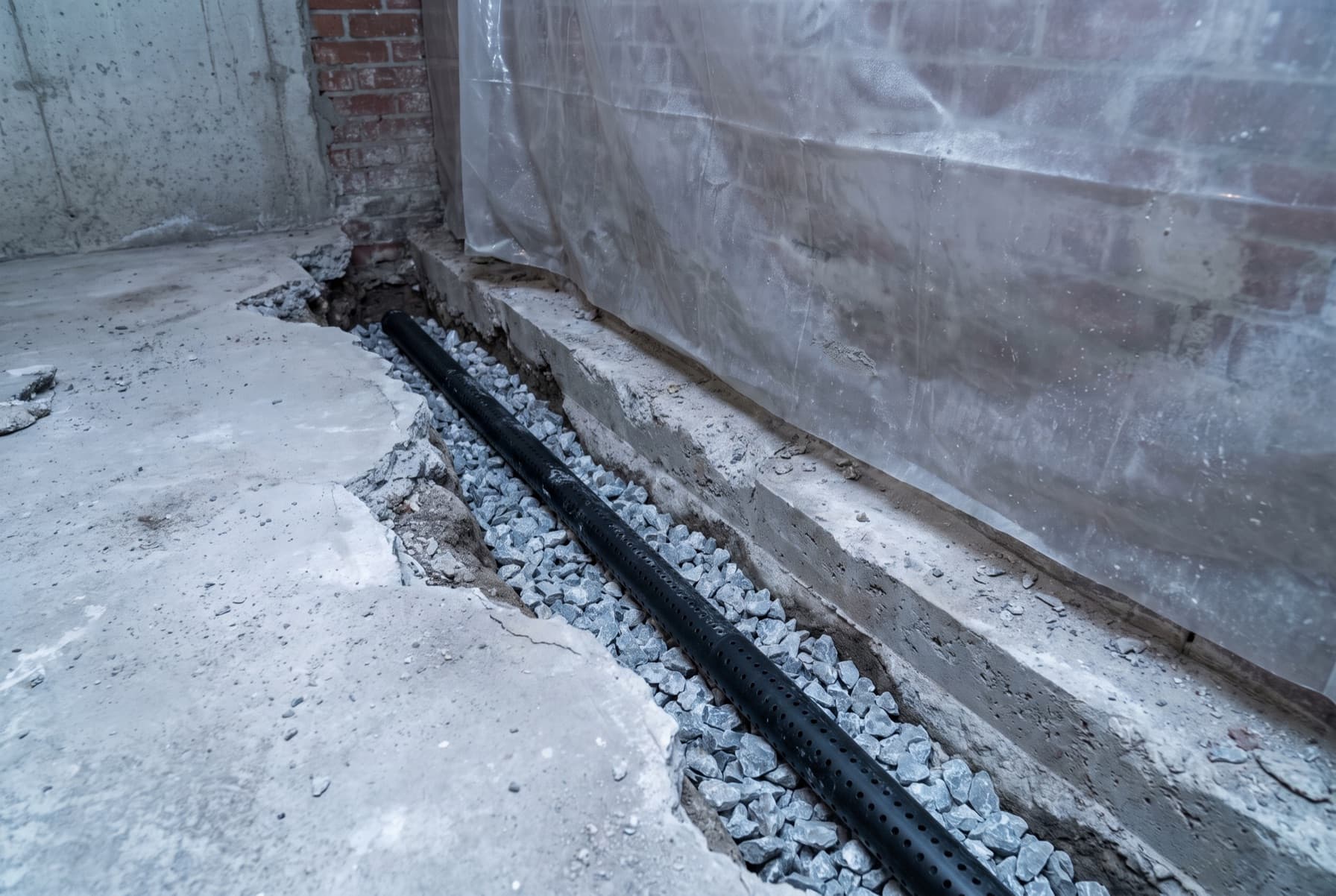 Illustration: a trench inside a basement where the concrete floor slab has been broken out along the wall, showing a bed of clear stone and a new black perforated drain pipe running beside the footing, with plastic sheeting hanging on the wall behind.